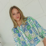 Rita Retro Print Blouse - Blue
