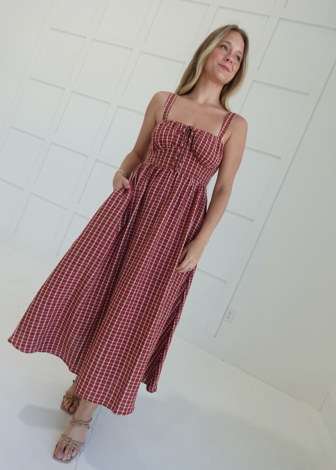Falling For Plaid Midi Dress - Brick