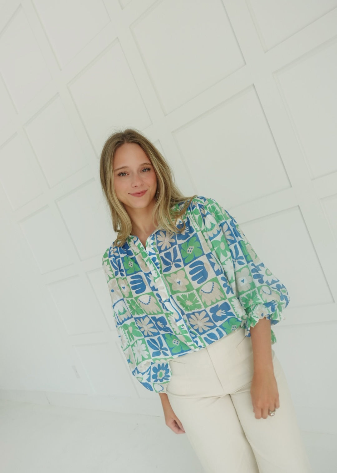 Rita Retro Print Blouse - Blue