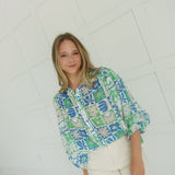 Rita Retro Print Blouse - Blue