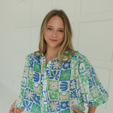 Rita Retro Print Blouse - Blue