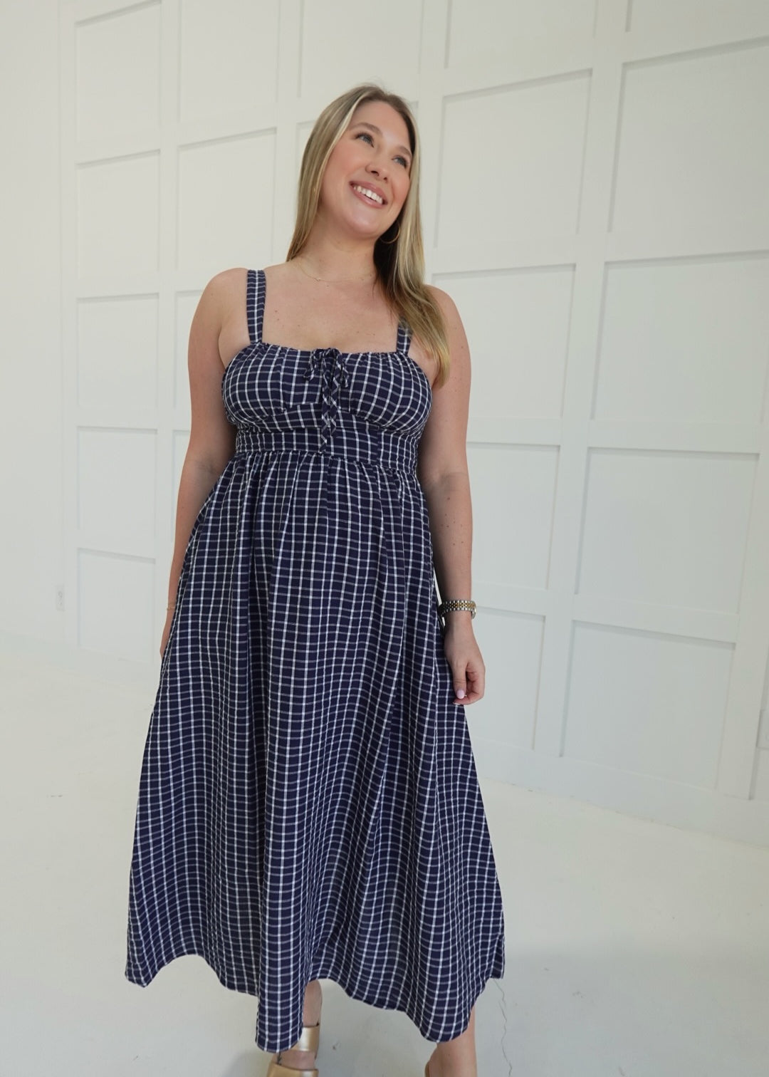 Falling For Plaid Midi Dress - Navy