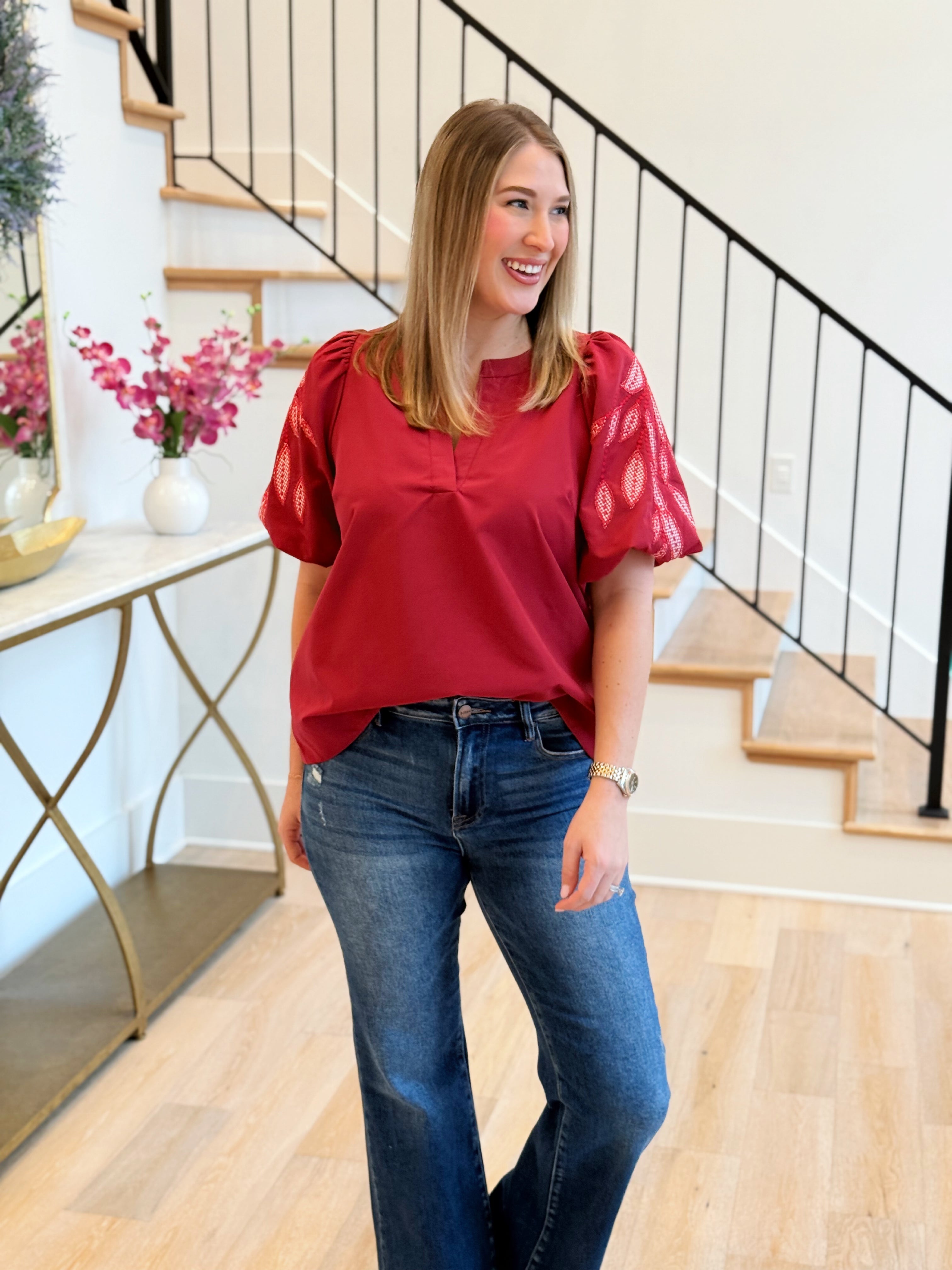 Clara Embroidered Blouse - Red