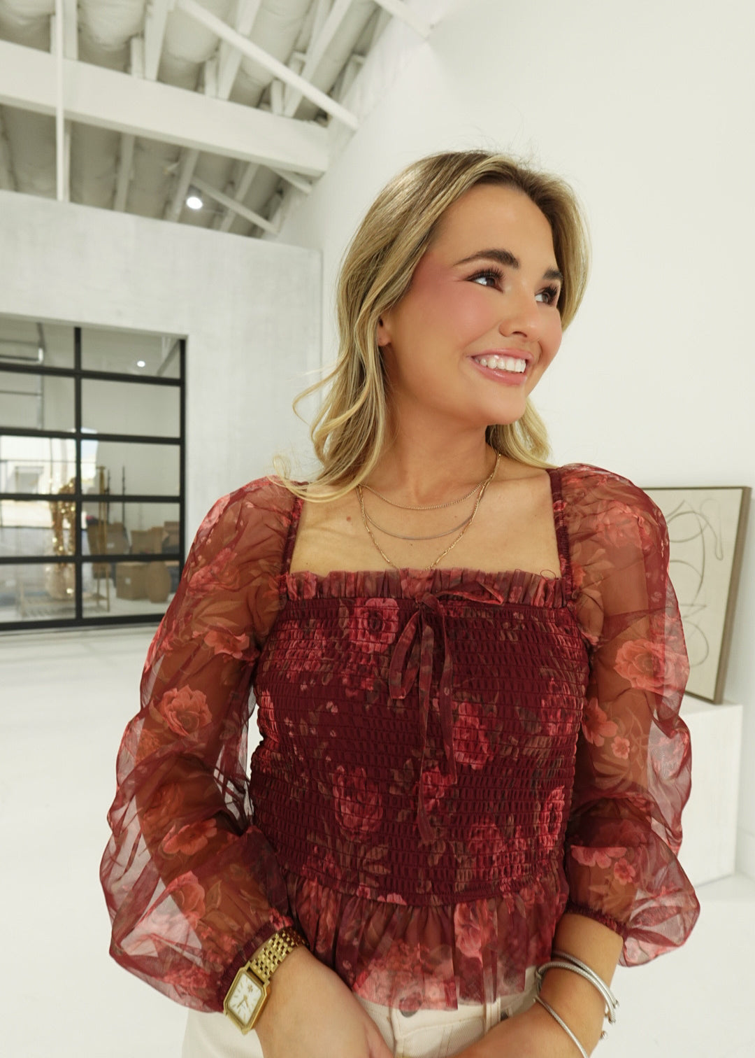Wilson Smocked Top - Burgundy