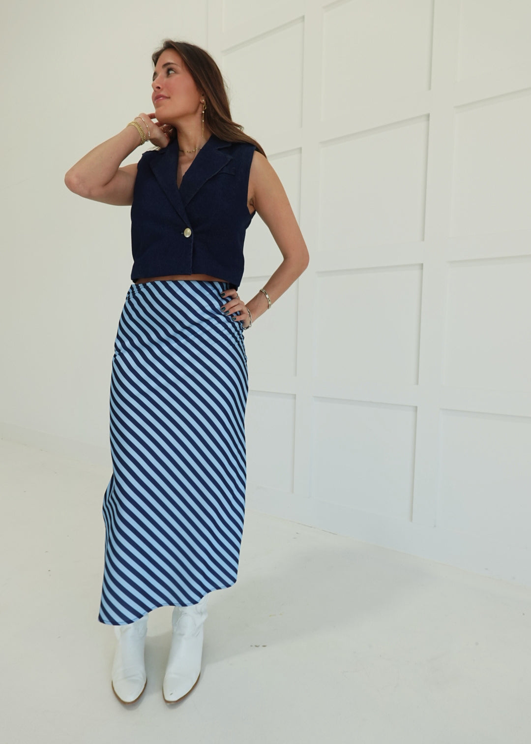 Fashionable Funky Midi Skirt - Navy/Lt Blue