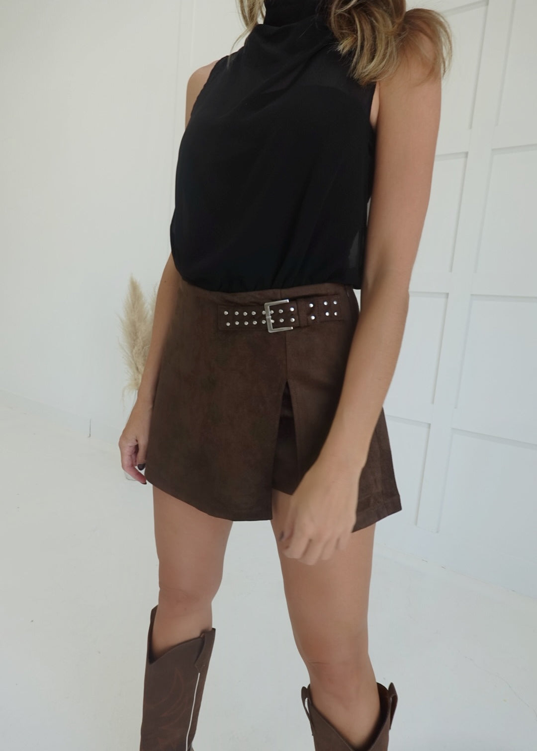 Buckle Down Mini Skirt - Choco Brown