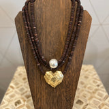 Wooded Beaded Heart Necklace