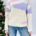 The Waves Sweater - Ivory Lavender Abstract Multi Color Sweater Ribbed Crewneck, Long Sleeve Relaxed Fit Ribbed Neckline, Cuffs, + Hem