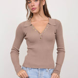 Sally Snap Button Top - Deep Taupe