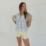 Fern Flutter Sleeve Top - Blue Floral