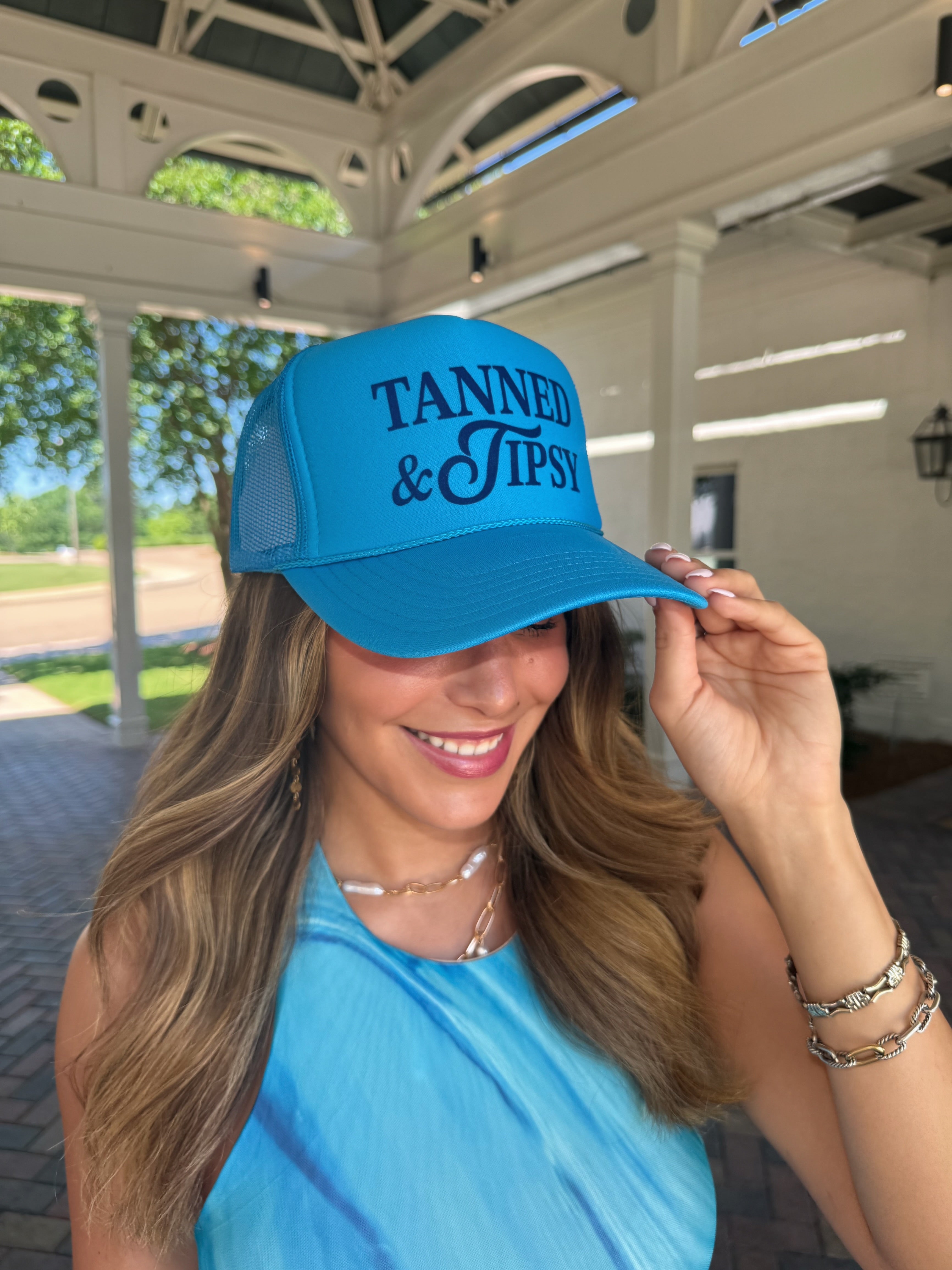 Tanned & Tipsey Trucker - Neon Blue