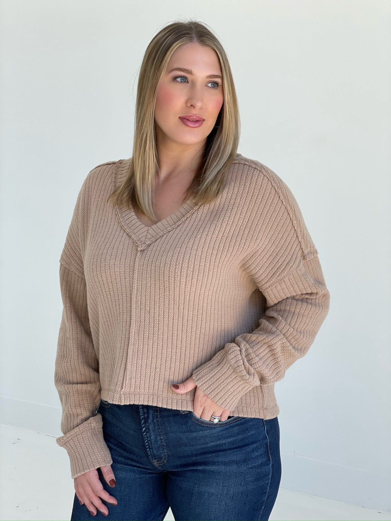 Softer V Neck Sweater - Mocha  *CM