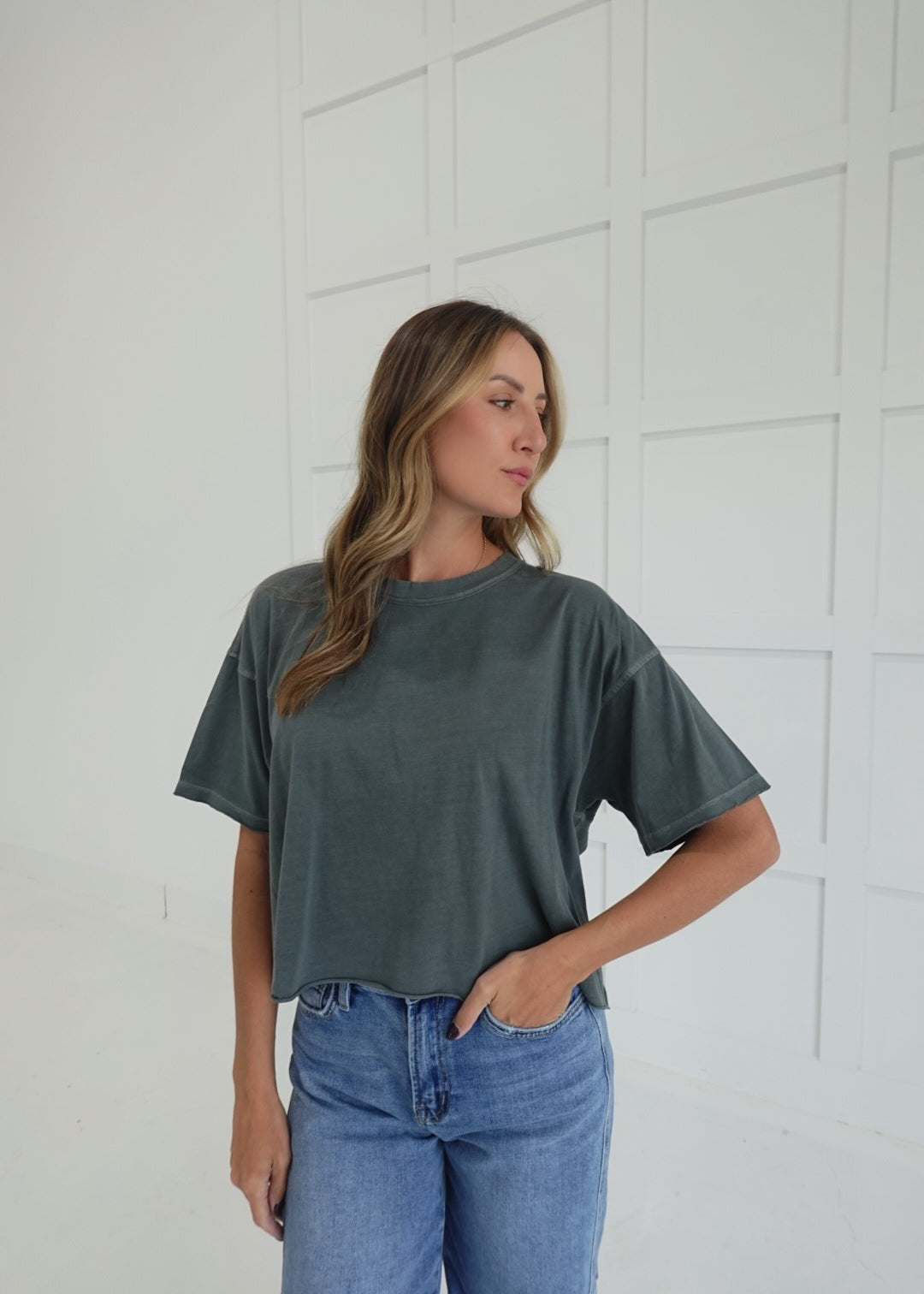 Boxy Acid Wash Tee - Ash Jade
