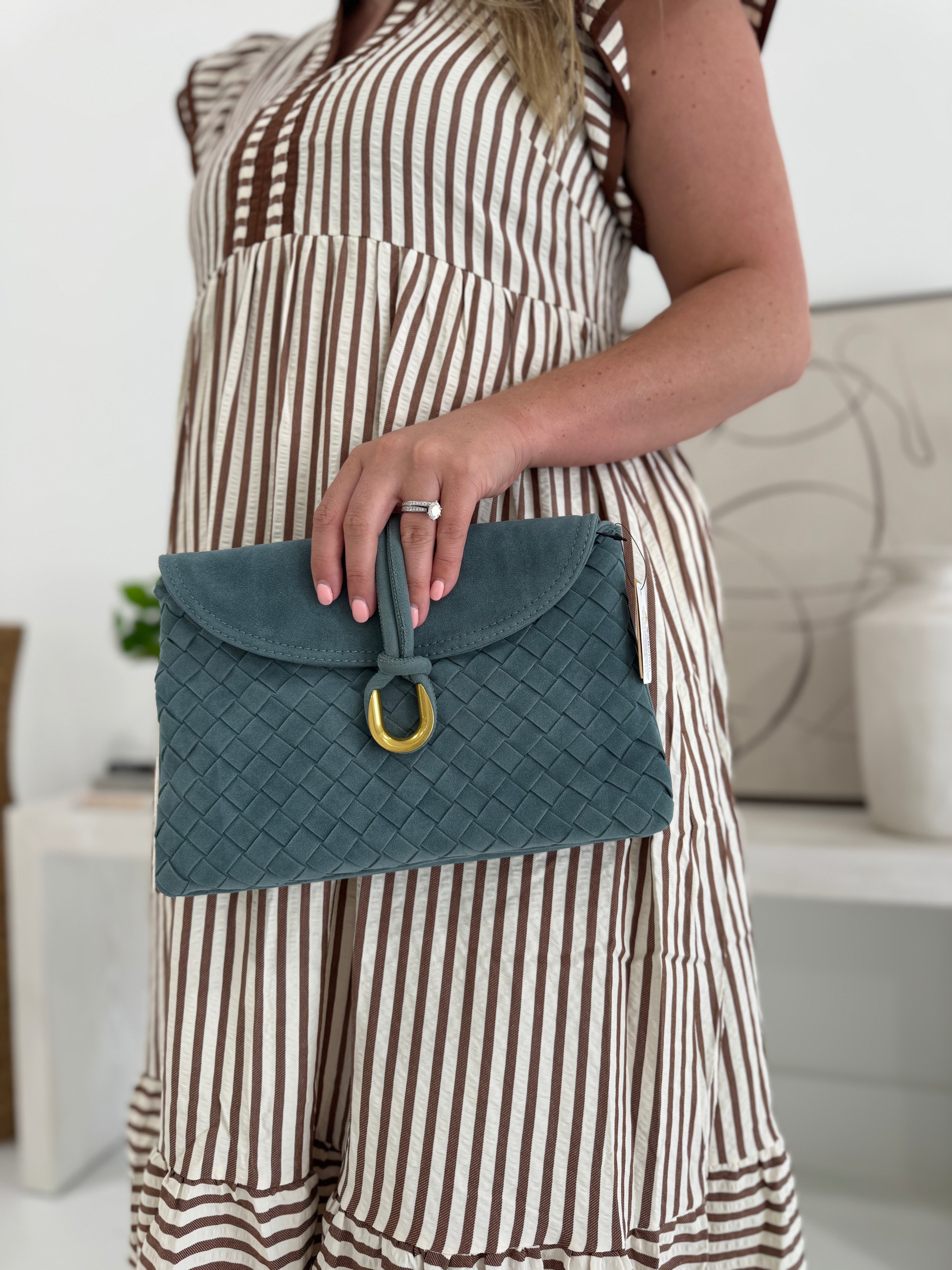 Woven Suede Crossbody Bag - Teal Blue