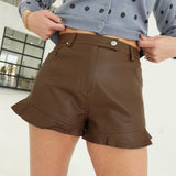 Leather With Flare Shorts - Brown