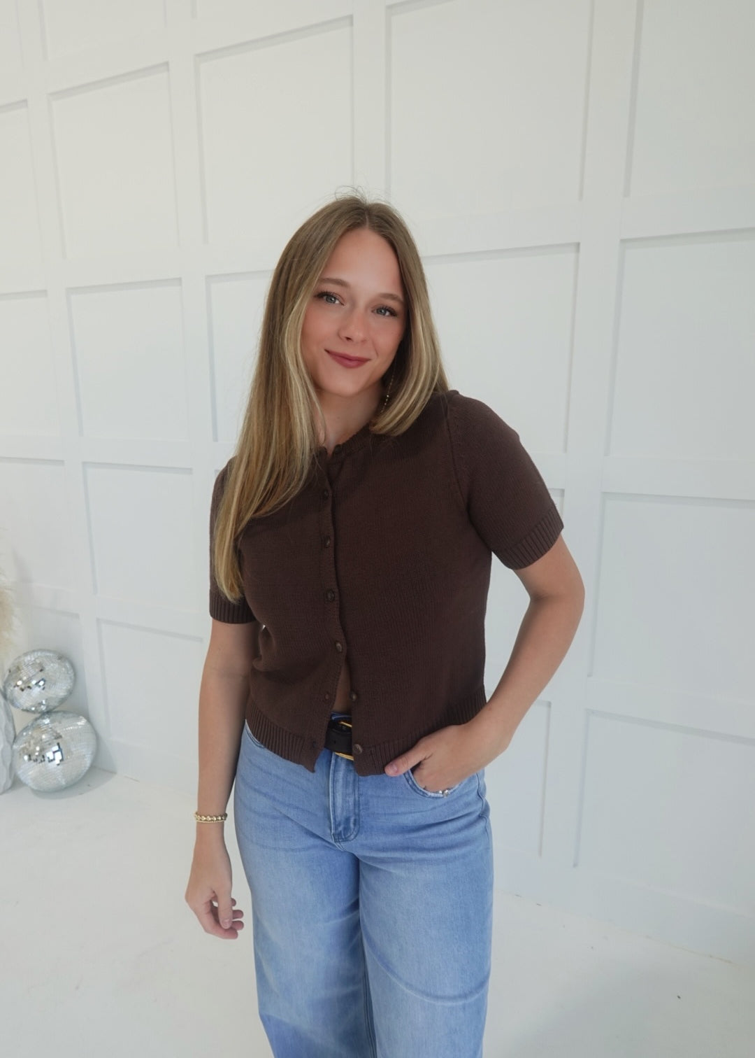 Marg Short Sleeve Cardigan - Brown