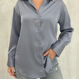 Satin Button Down Blouse - Blue