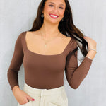 Women's Buttery Soft Bodysuit-Coffee Bean Details: Square Neckline Long Sleeve Snap Button Closure Thong Back