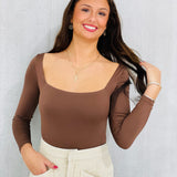 Women's Buttery Soft Bodysuit-Coffee Bean Details: Square Neckline Long Sleeve Snap Button Closure Thong Back