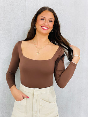 Women's Buttery Soft Bodysuit-Coffee Bean Details: Square Neckline Long Sleeve Snap Button Closure Thong Back