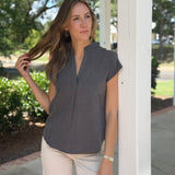 Chasity Split Neck Top - Charcoal