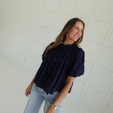 Whimsical Eyelet Blouse - Navy