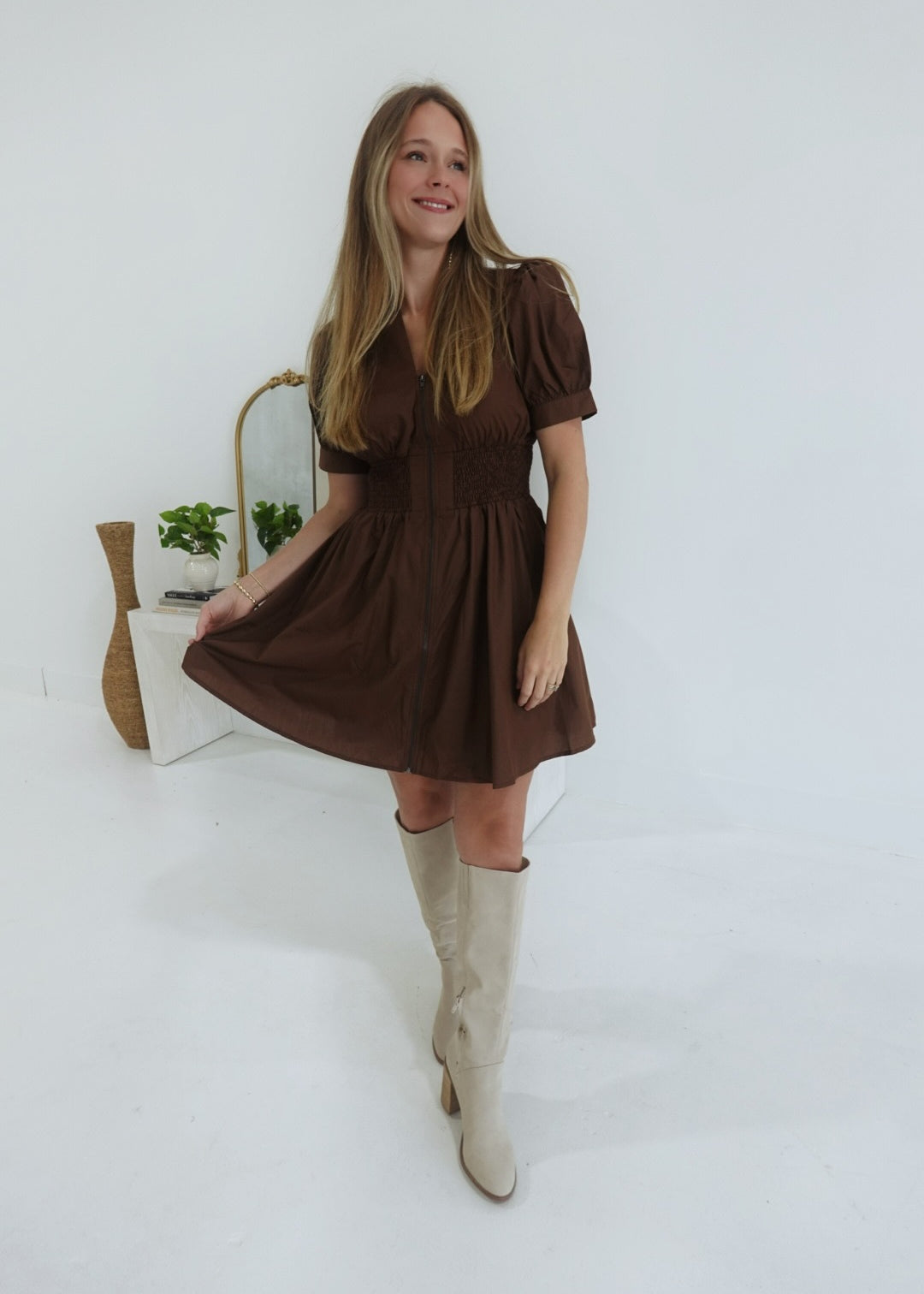 Inquiring Smock Waist Dress - Brown