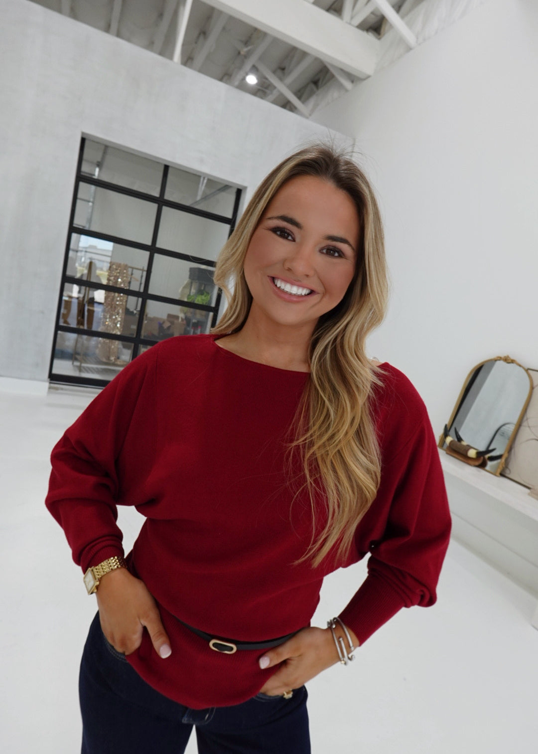 Kenna Belted Sweater - Deep Red