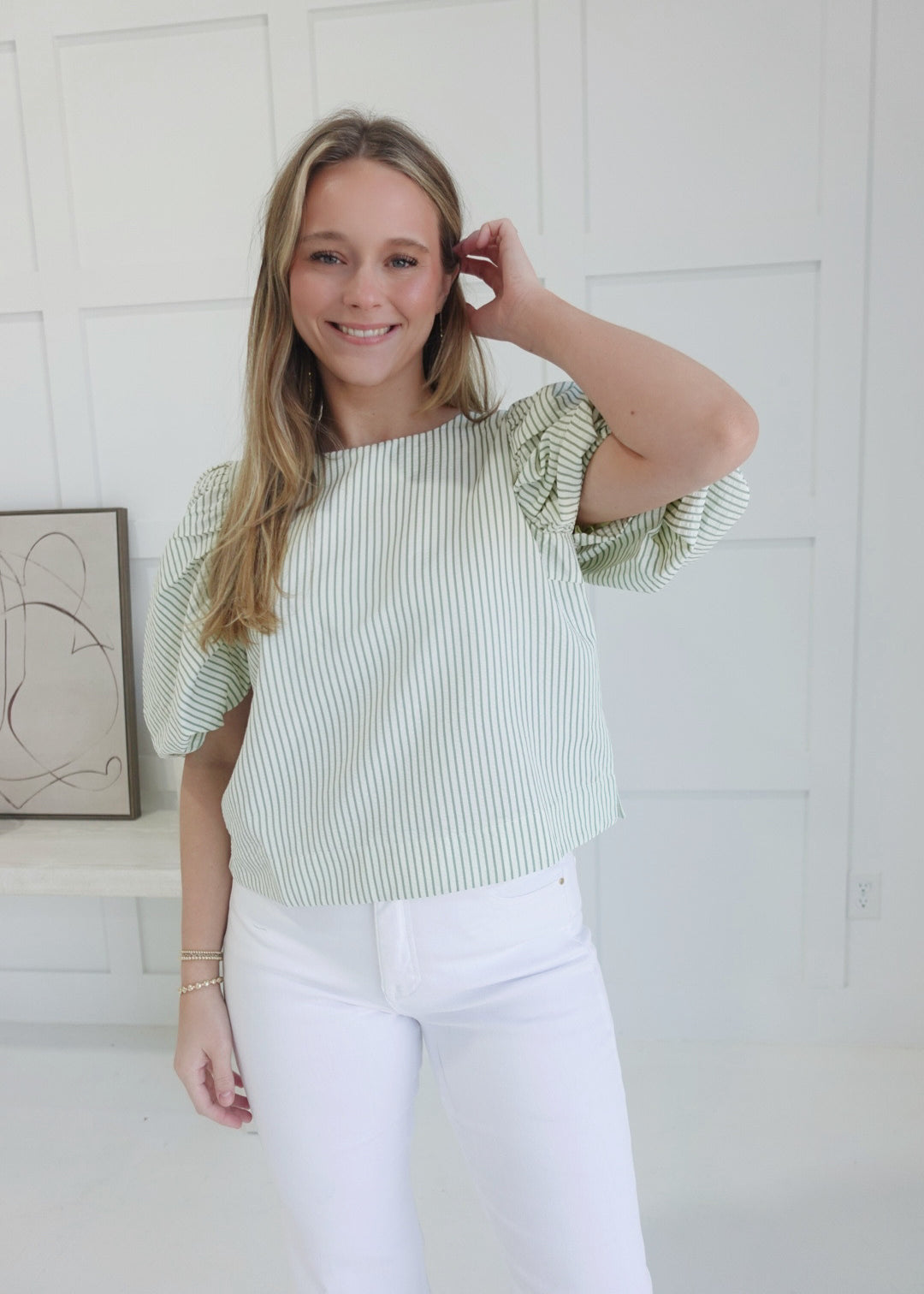 Penelope Pinstripe Top - Green Tea