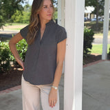 Chasity Split Neck Top - Charcoal