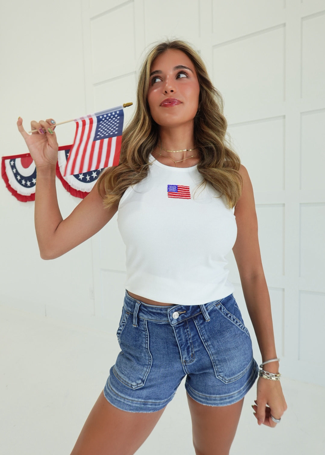 Beaded Flag Tank - White