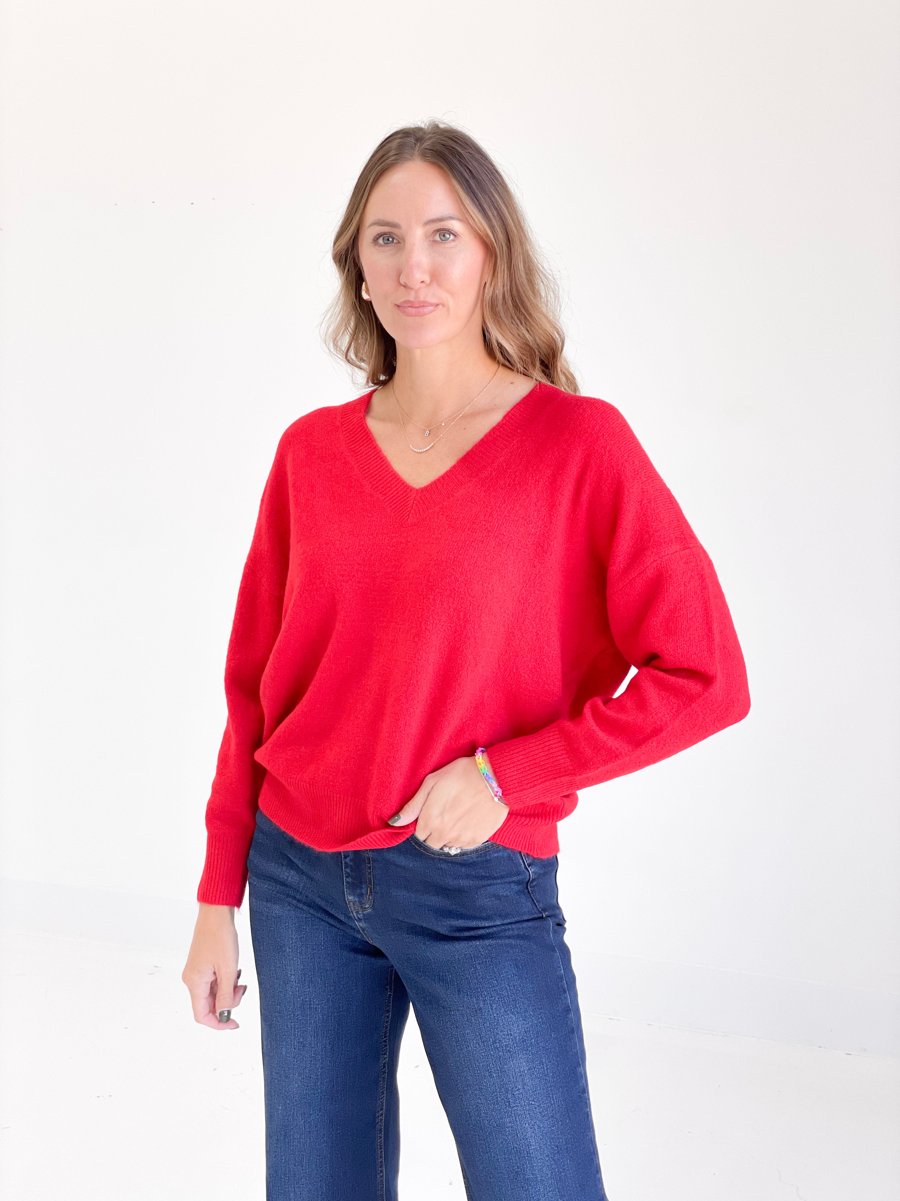 Leland V-neck Sweater - Red