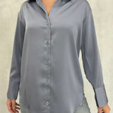 Satin Button Down Blouse - Blue