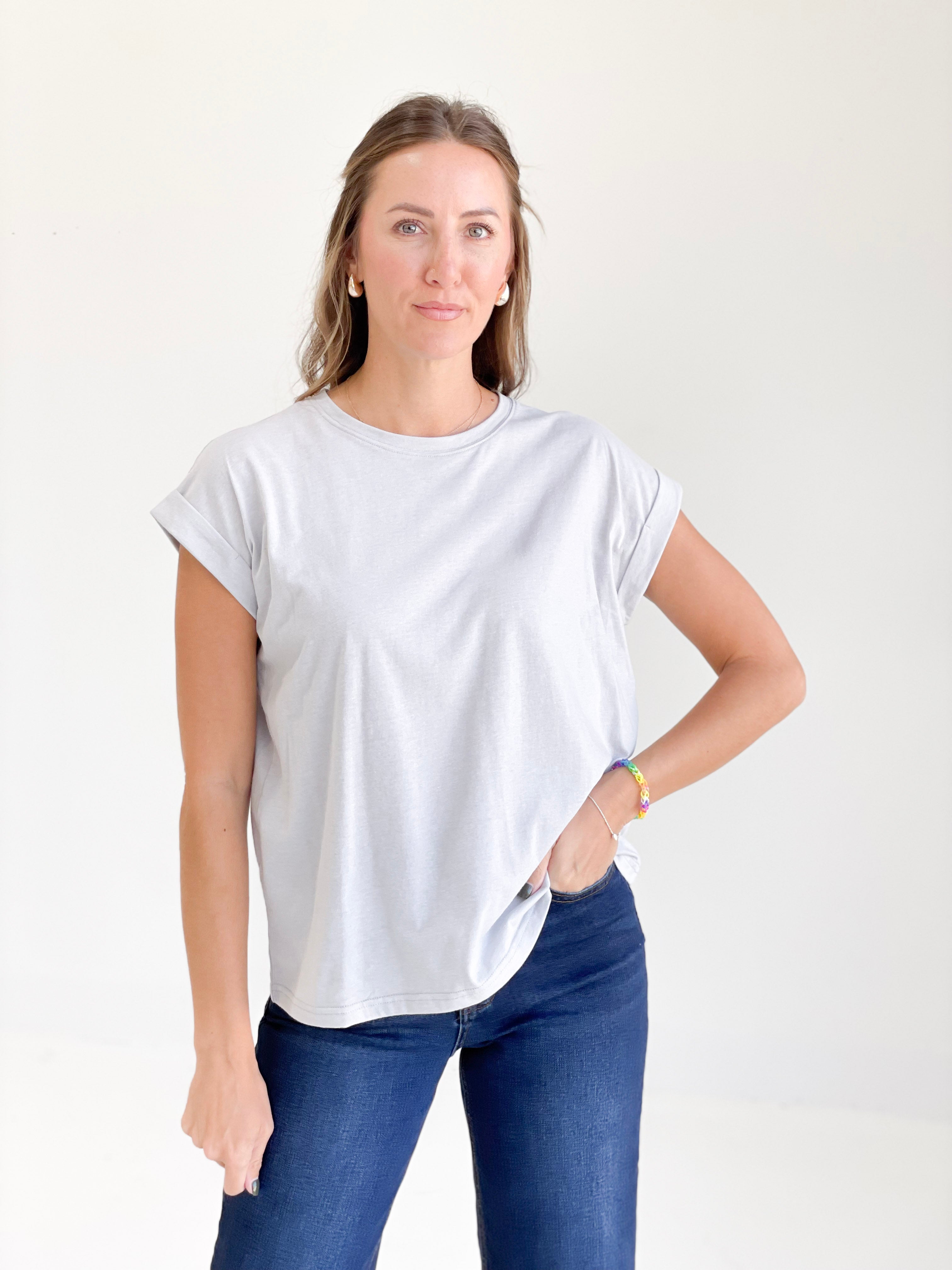 Folded Sleeve Basic Tee - Heather Grey