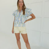 Fern Flutter Sleeve Top - Blue Floral