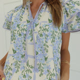 Fern Flutter Sleeve Top - Blue Floral