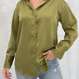 Satin Button Down Blouse - Olive