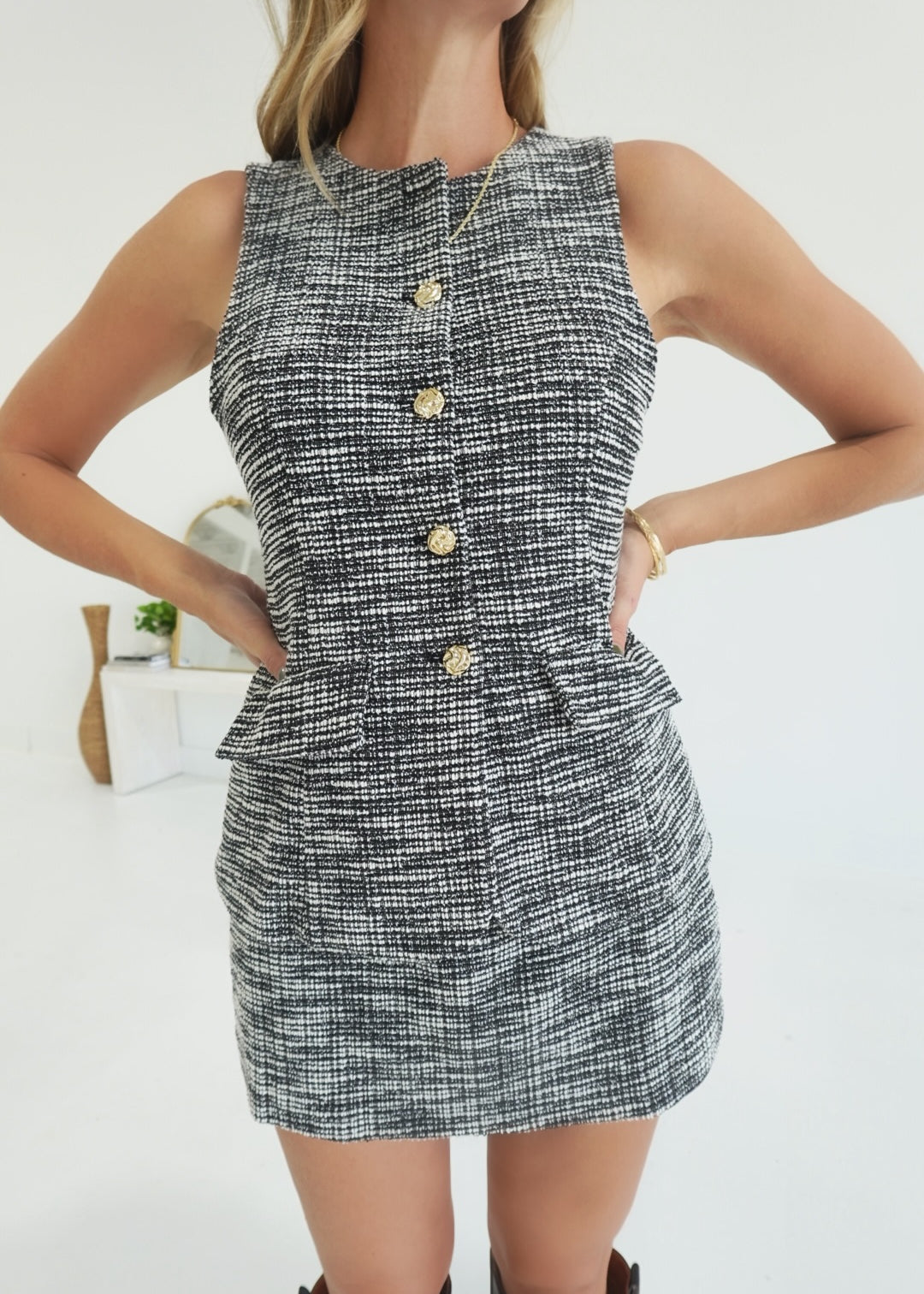 Cher Tweed Romper Dress - Black