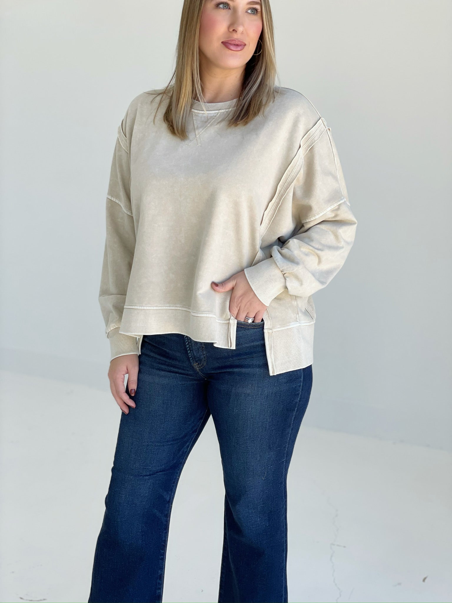 Lightly Taken Pullover Top - Oatmeal