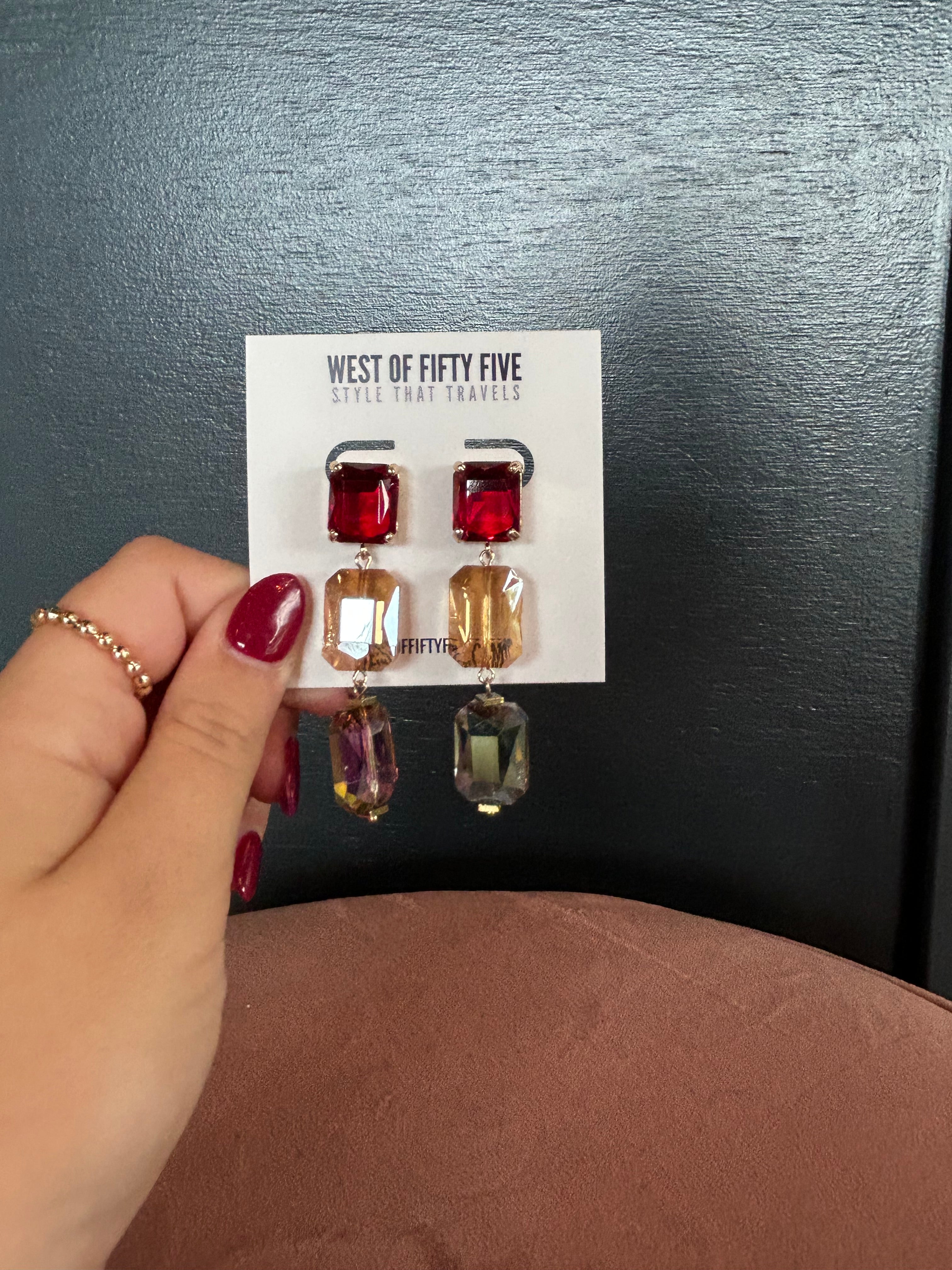 Triple Stone Drop Earrings -Multi