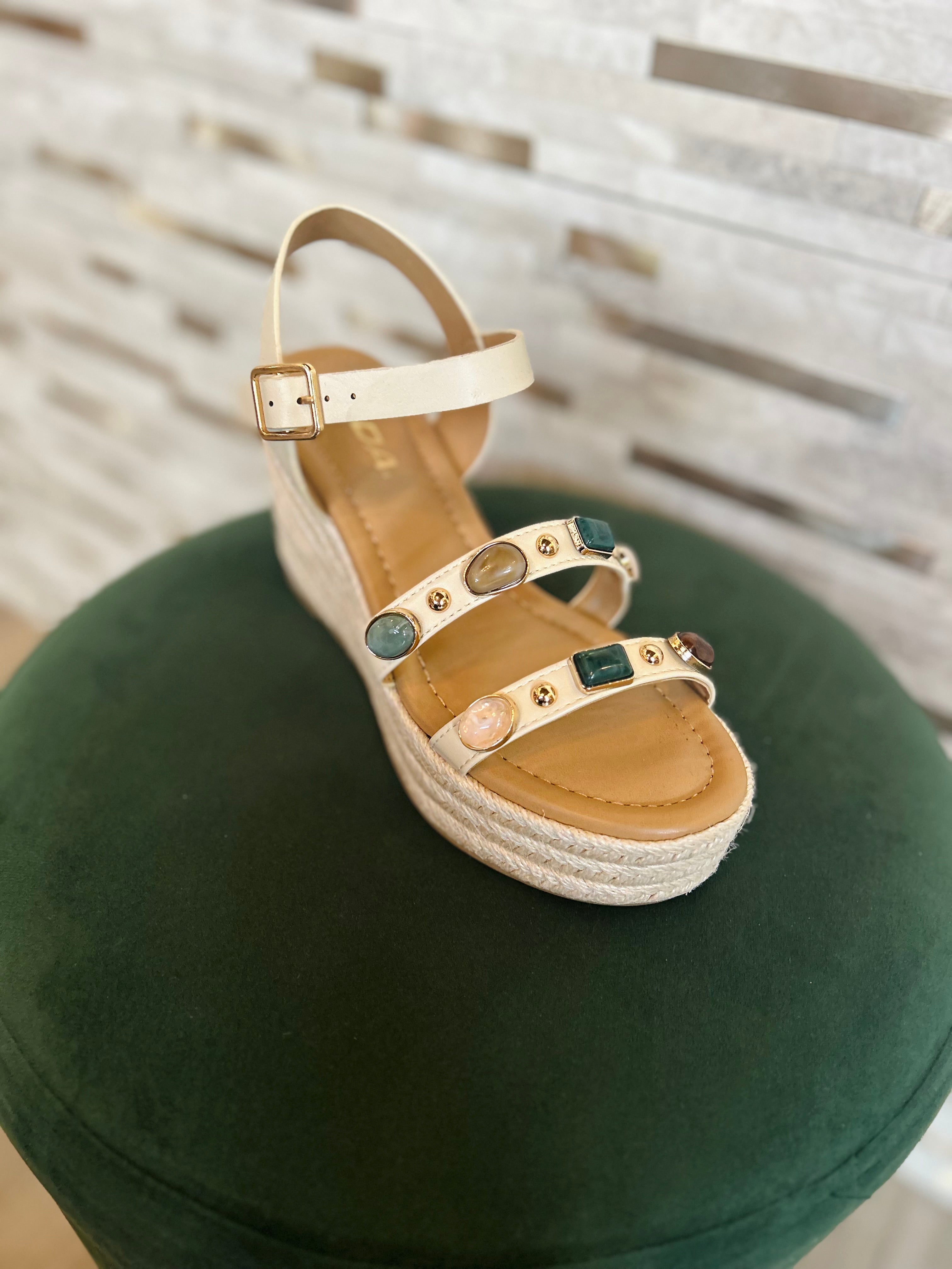 Bejeweled Espadrille Wedge - Bone