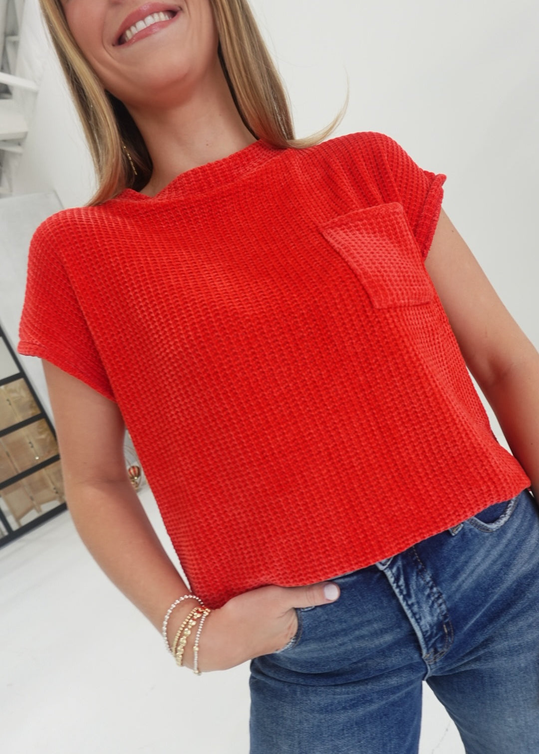 Chenille Waffle Top - Ruby