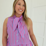 Kathleen Tie-Neck Top - Blue/Pink Stripe