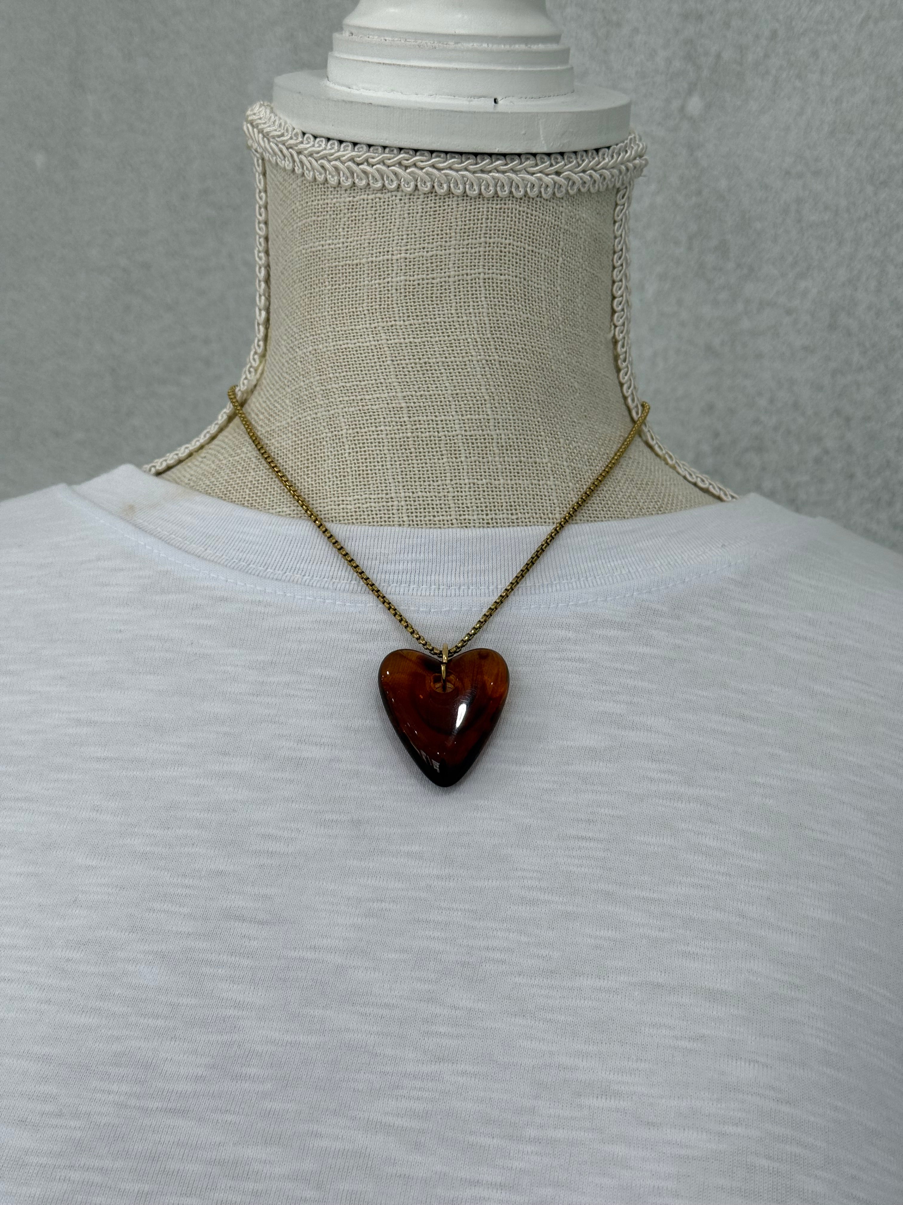 Acrylic Heart Pendant Necklace - Brown