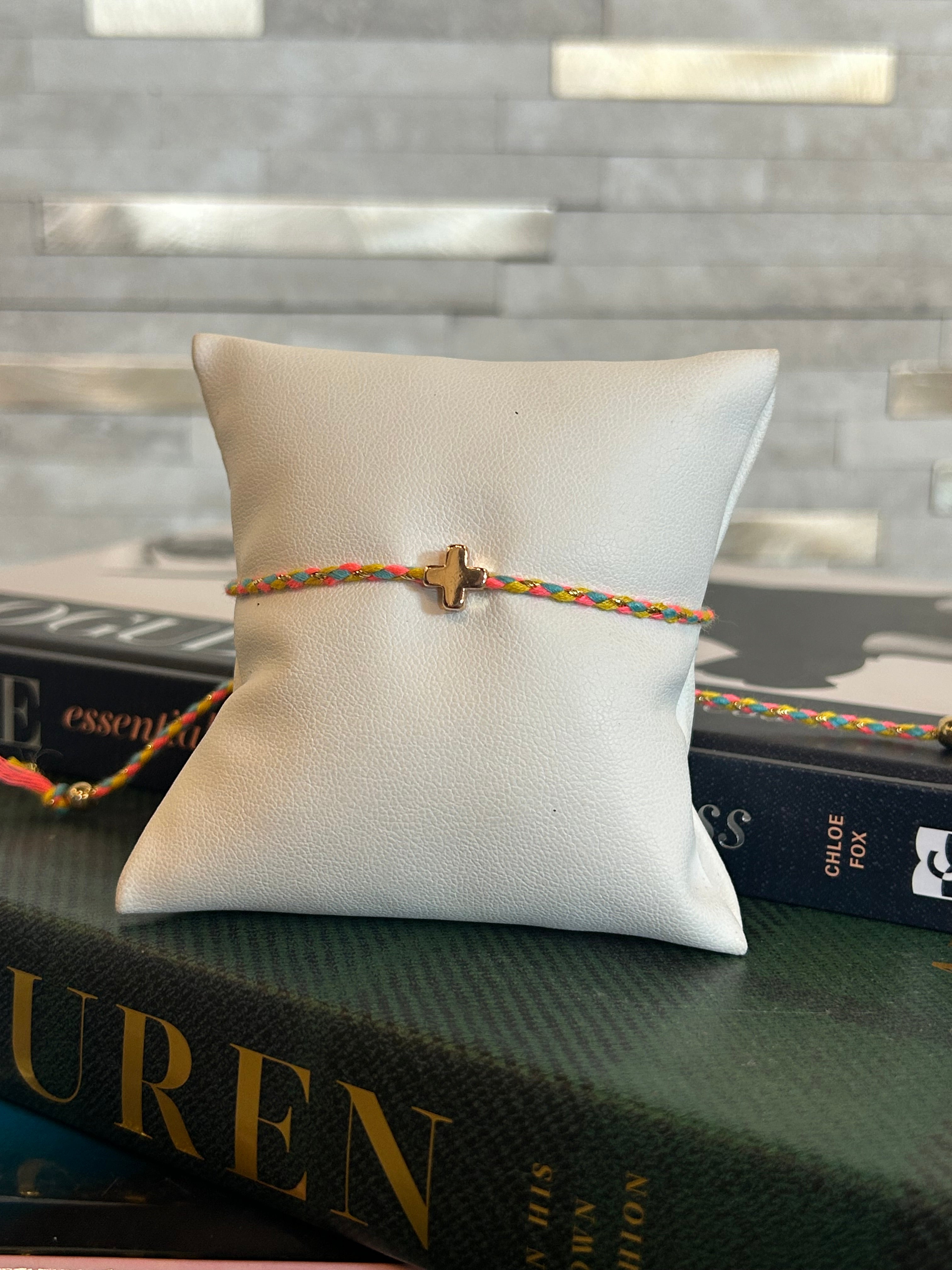 Corded Cross Charm Bracelet - Hot Pink Multi