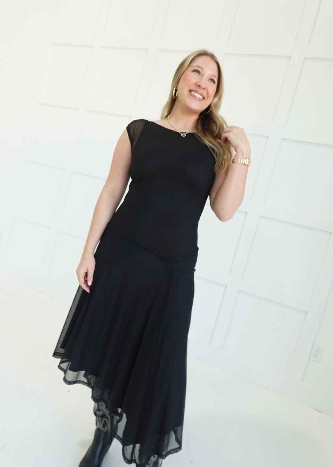 Meshing Around Midi Dress - Black