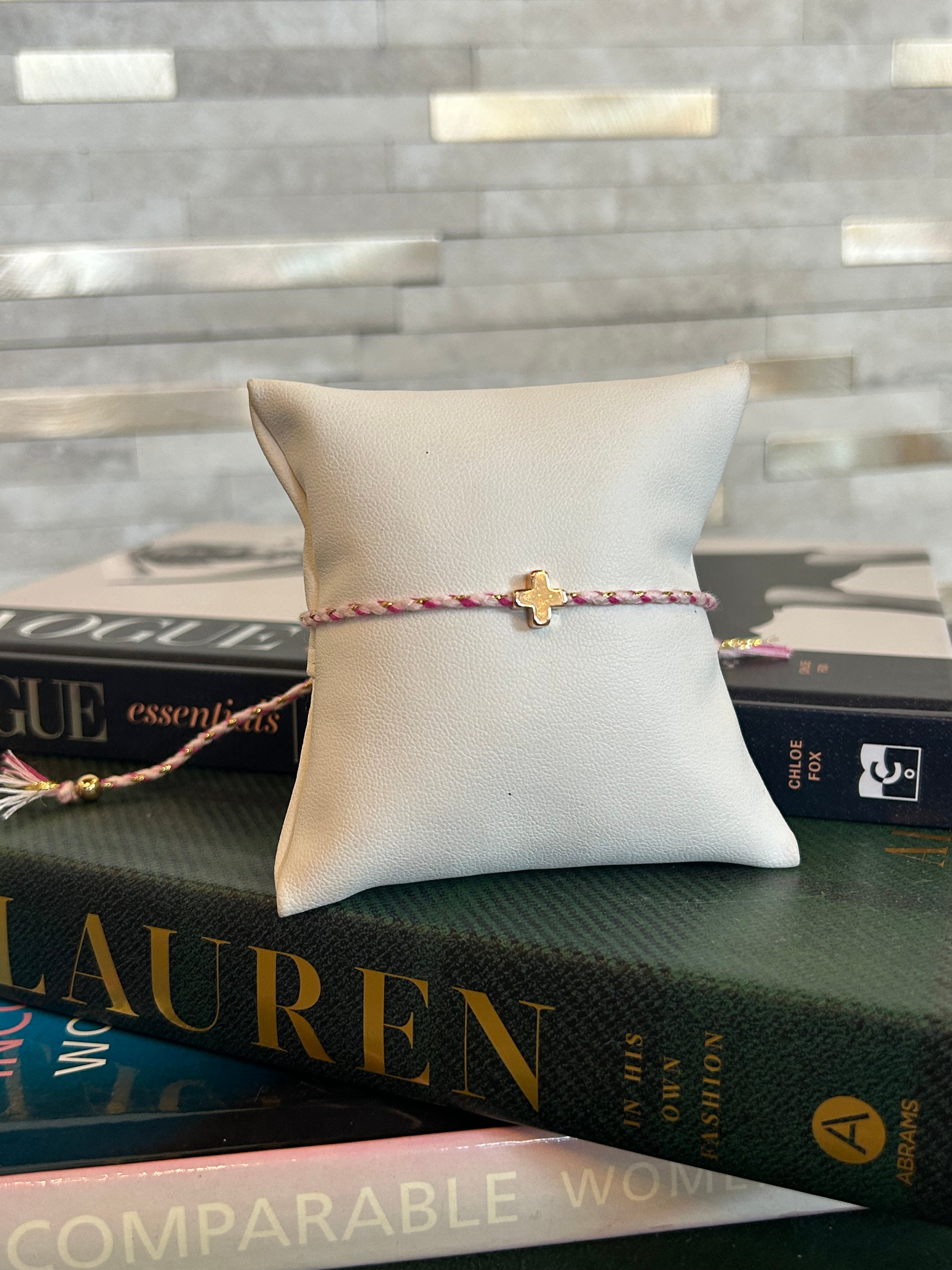 Corded Cross Charm Bracelet - White/Pink