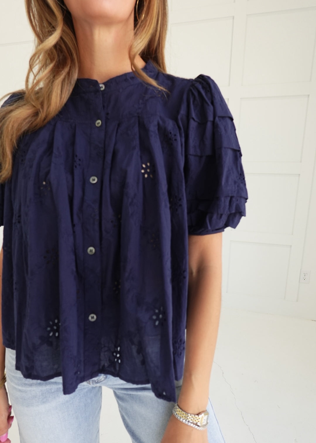 Whimsical Eyelet Blouse - Navy