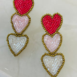 Seed Bead Heart Drop Earrings - Red/Pink