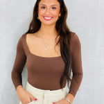 Women's Buttery Soft Bodysuit-Coffee Bean Details: Square Neckline Long Sleeve Snap Button Closure Thong Back